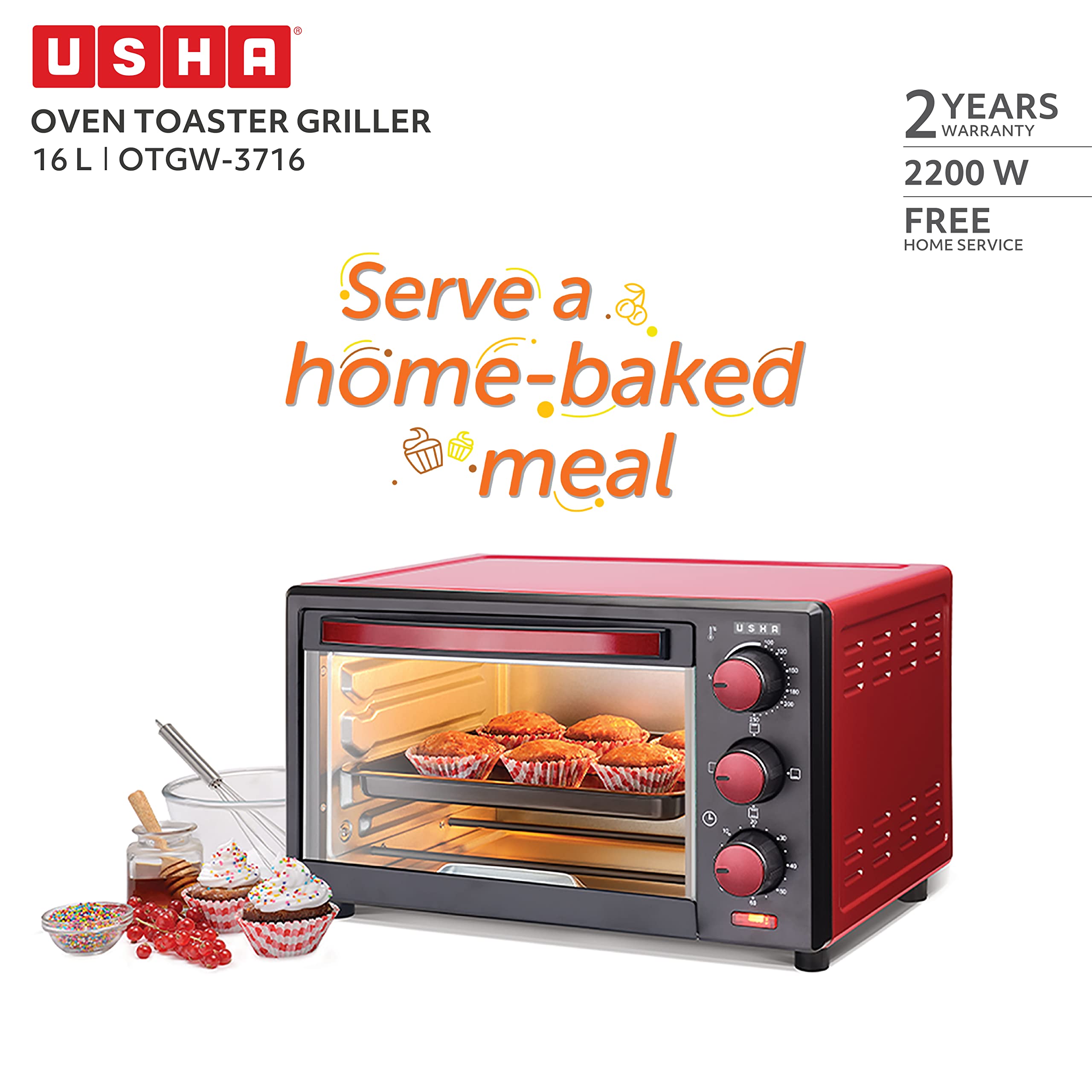 Usha 3716 16 Liters Oven Toaster Grill with 5 Accessories, 1200 W, 3 mode Heating Function(Maroon)