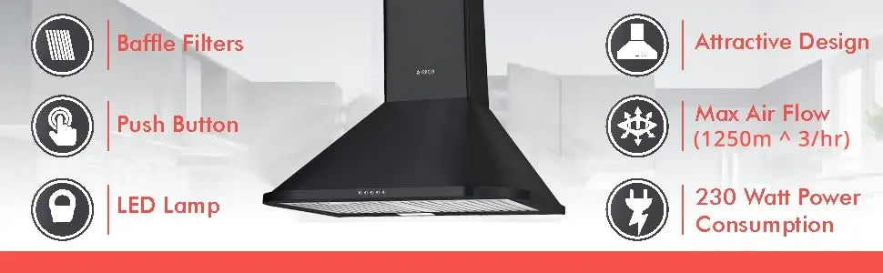 Elica 60 cm 1250 m3/hr Chimney (DH 260 BF Nero, 2 Baffle Filters, Push Button Control, Black)