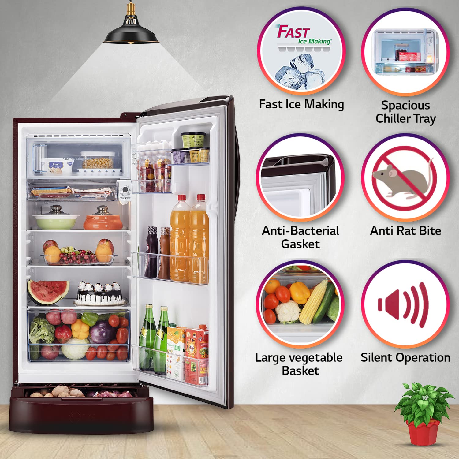 LG 201 L 5 Star Inverter Direct-Cool Single Door Refrigerator (GL-D211HSEZ, Scarlet Euphoria, Base stand with drawer, Gross Volume- 204 L)
