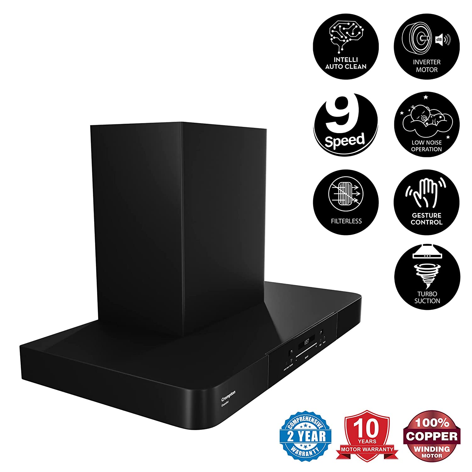 Crompton GrandArt Inverter Motor Box 90cm Chimney Filterles (Black), Free installation&Ducting kit,1890 m³/hr