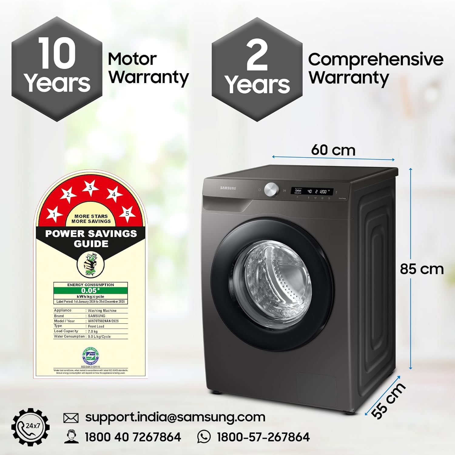 Samsung WW70T502NAN1TL AI Front Load Washer 7kg 5 Star Energy