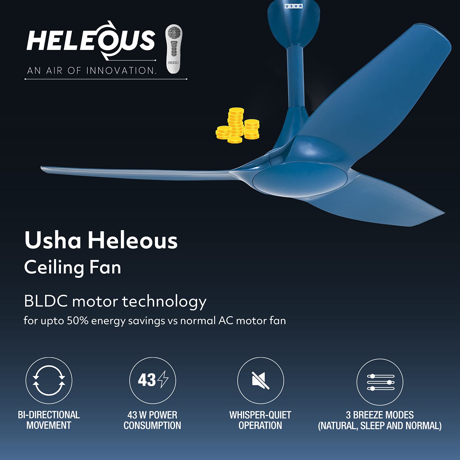 USHA Heleous 1220mm Premium Celling BLDC Fan Imperial Blue