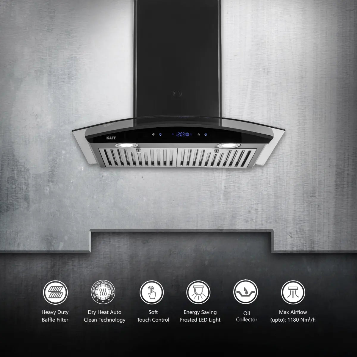 Kaff Opec DHC 70 Auto Clean Wall and Ceiling Mounted Chimney (Black 1180 CMH)