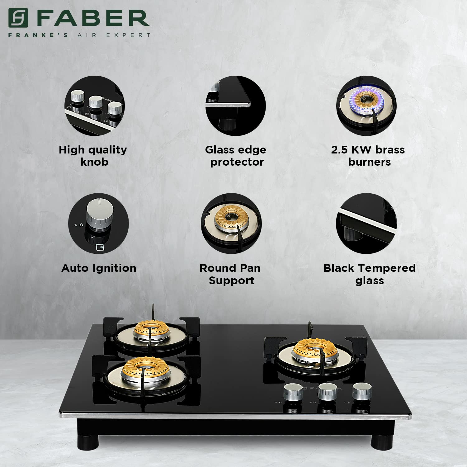 Faber 3 Burner Hobtop, High Performance SABAF Brass Burner, 65 cm (HOB Orion 653 HD BB SQ EBK) Auto Ignition, Black