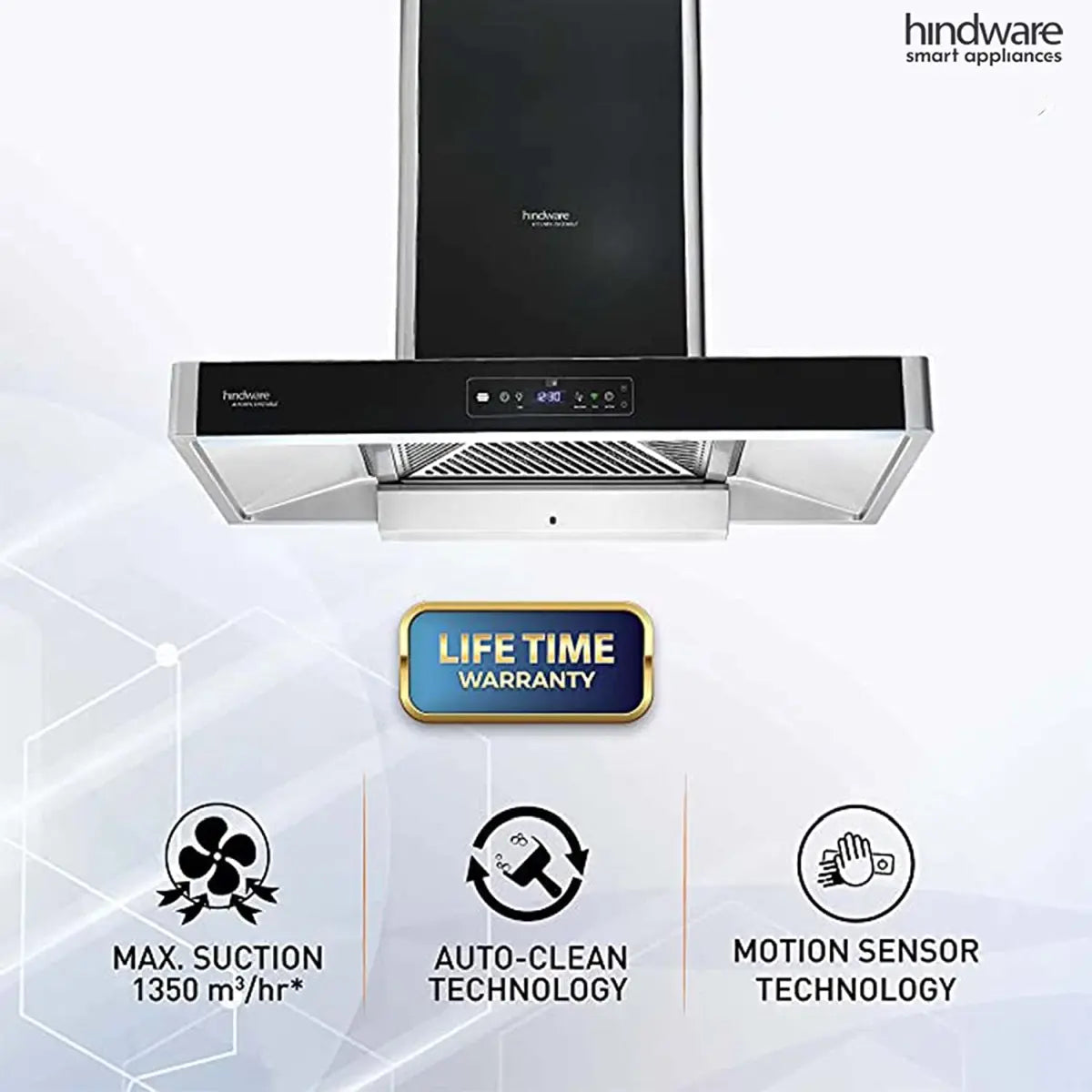 Hindware Optimus i-Pro 90 chimney with lifetime warranty badge, 1350 m3/hr max suction, auto-clean and motion sensor icons