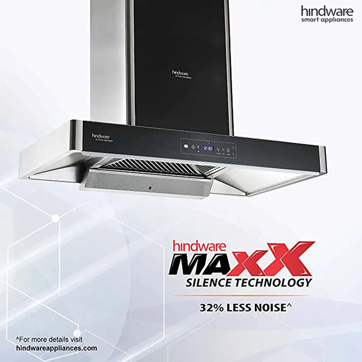 Hindware Optimus i-Pro 90 chimney with MaxX Silence Technology graphic claiming 32% less noise