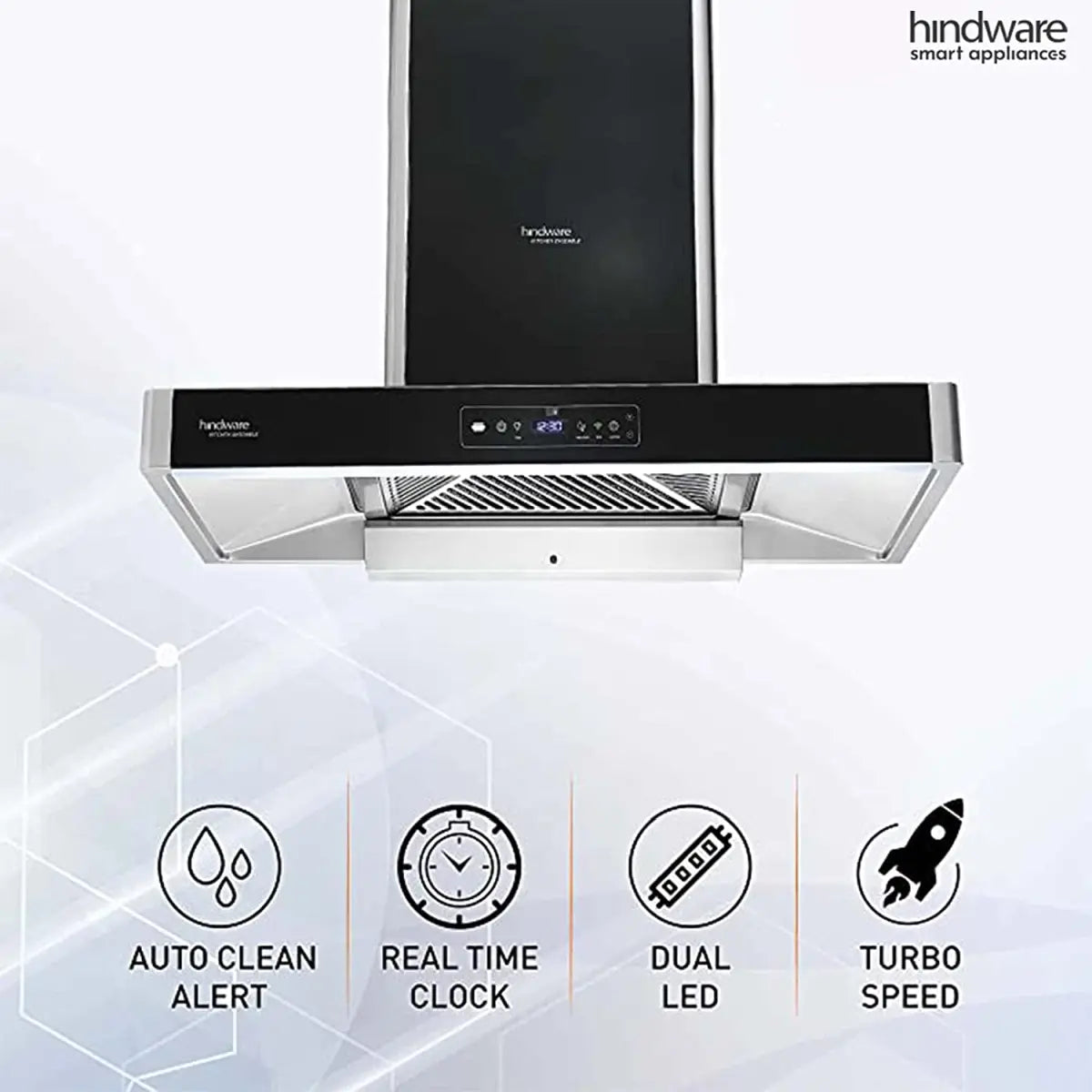 Hindware Optimus i-Pro 90 chimney with icons for auto clean alert, real time clock, dual LED and turbo speed