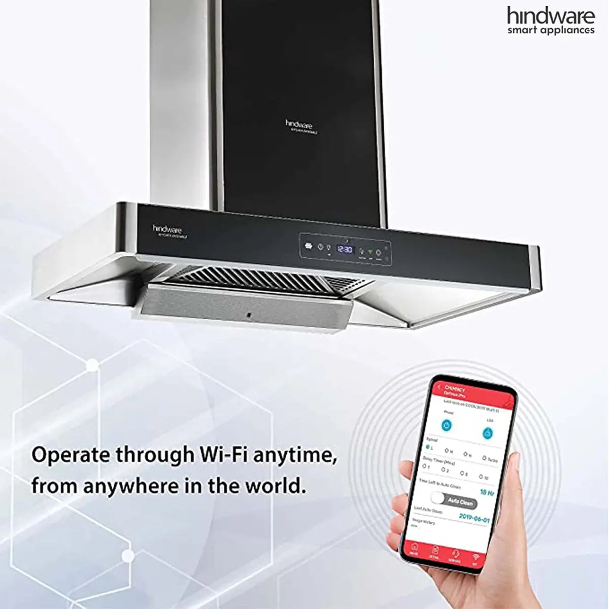 Hindware Optimus i-Pro 90 chimney with a smartphone app screen and the text about operating through Wi-Fi