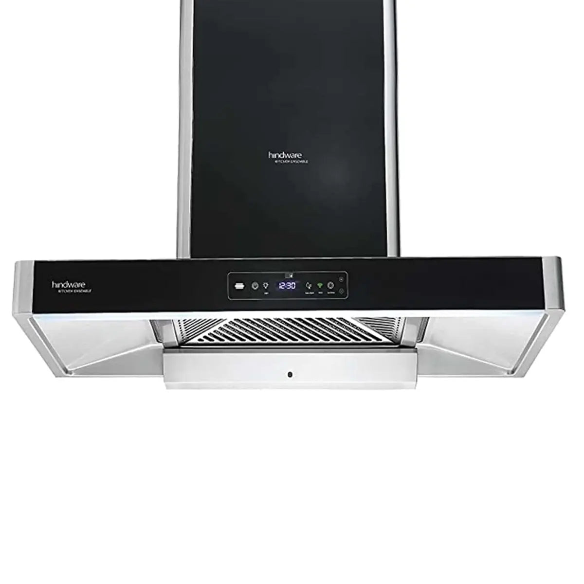 Hindware Optimus i-Pro 90 chimney close-up showing touch control panel with digital clock and baffle filter area