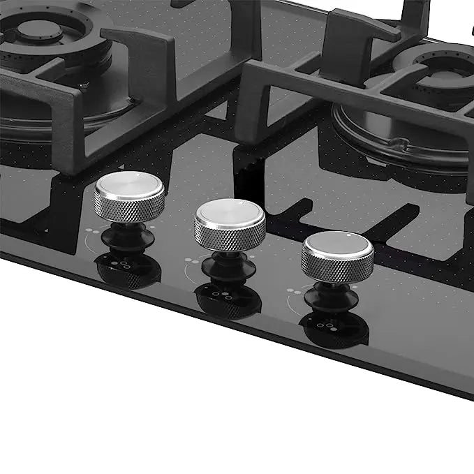 KAFF NVH 783 Built-in Hob, Series Milano, high-Efficiency hob with Full Brass Burners, Auto Electric Ignition, Designer metal knobs, Heavy duty Cast iron pan support, Black Tempered Glass