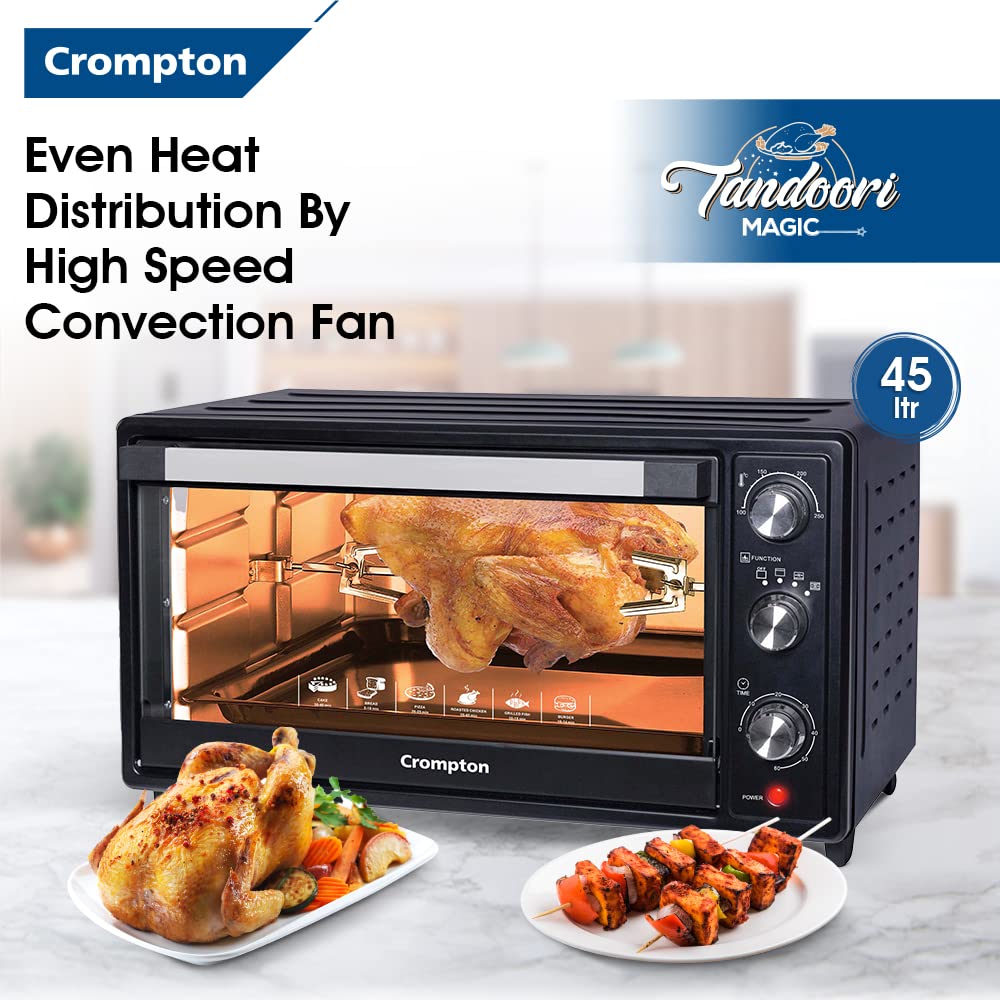 Crompton Tandoori Magic 45 Ltr Oven Toaster Grill (OTG) with Motorissed Rotisserie & Convection, with Even Heat Distribution | Free Mitten and Pizza stone