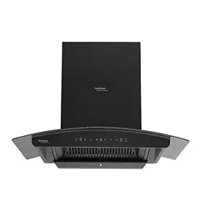 Hindware Zinnia 75BKTC black curved glass wall mount chimney, front view