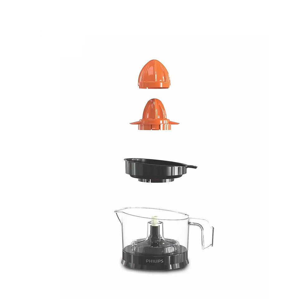 Exploded view of Philips HR2777/00 citrus press showing cone, cone cover, strainer and jar with base