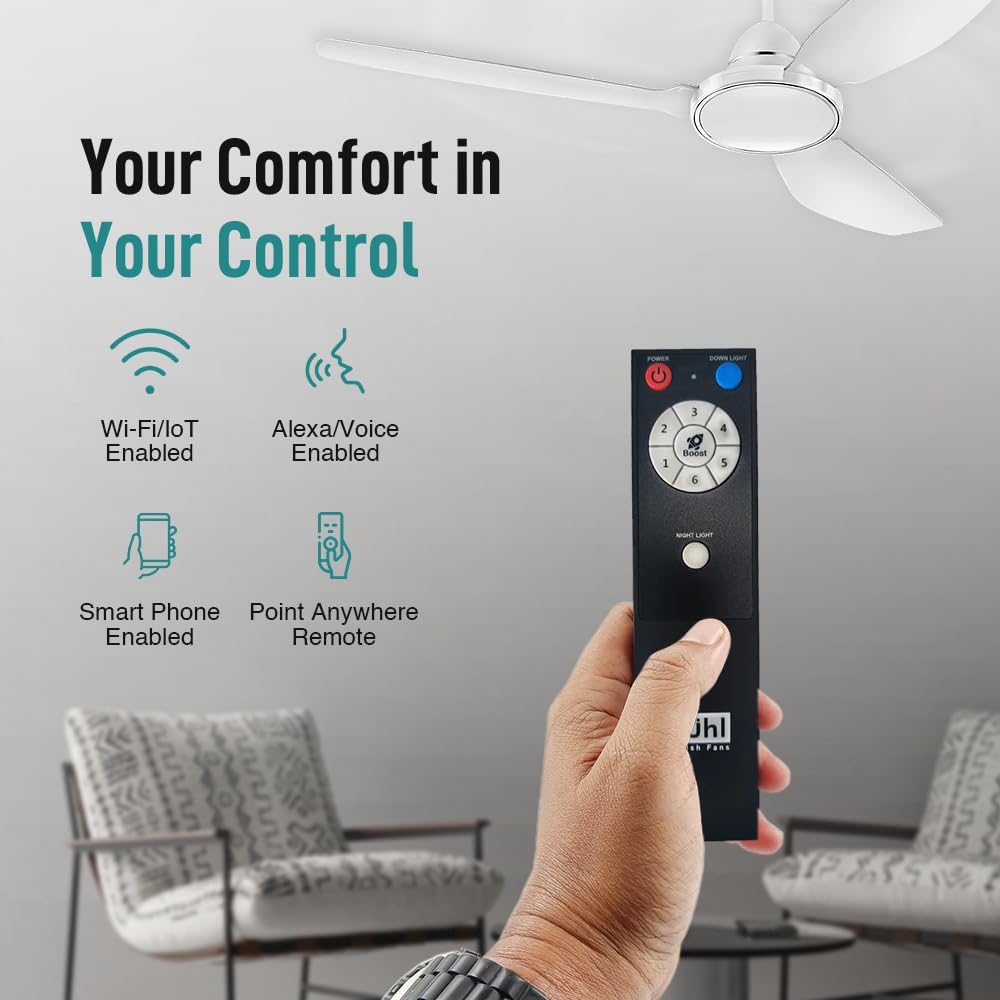 KUHL Brise E3 | 1320மிமீ BLDC சீலிங் ஃபேன் | 30W | 5-ஸ்டார் ரேட்டிங் | 65% வரை ஆற்றல் சேமிப்பு | IoT &amp; ரிமோட் கண்ட்ரோல் | ரிவர்ஸ் பயன்முறை | 5 வருட உத்தரவாதம் | இலவச நிறுவல் | வெள்ளை