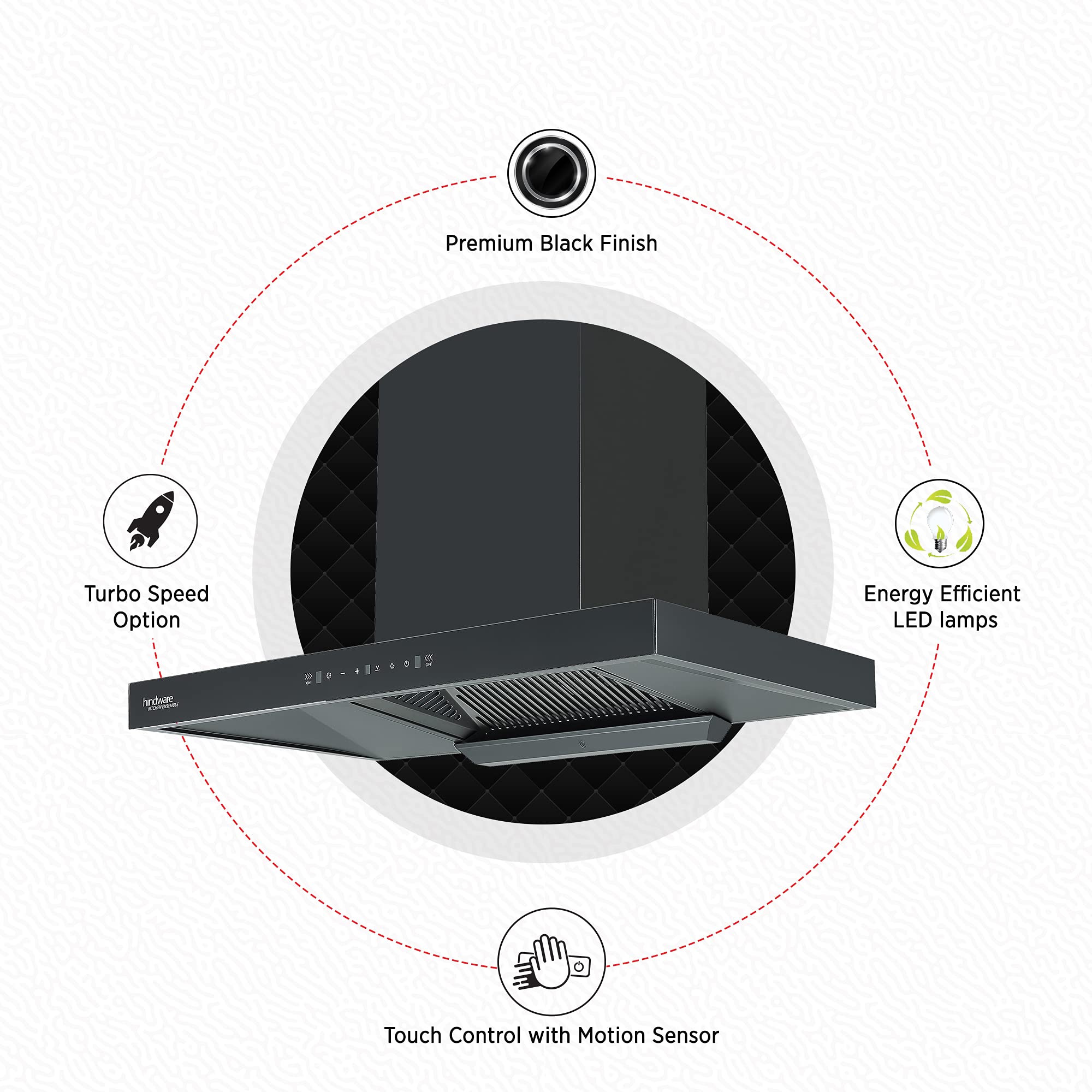 Hindware Atlanta 90 cm 1350 m³/hr Filterless Auto-Clean Kitchen Chimney With MaxX Silence Technology, Motion Sensor (32% Less Noise, Touch Control, Black)