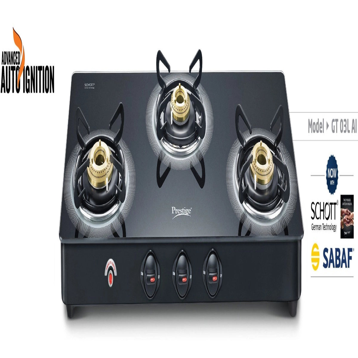 Prestige Royale GT 03 L Auto Ignition Glass Top Gas Stoves Auto Ignition 40205