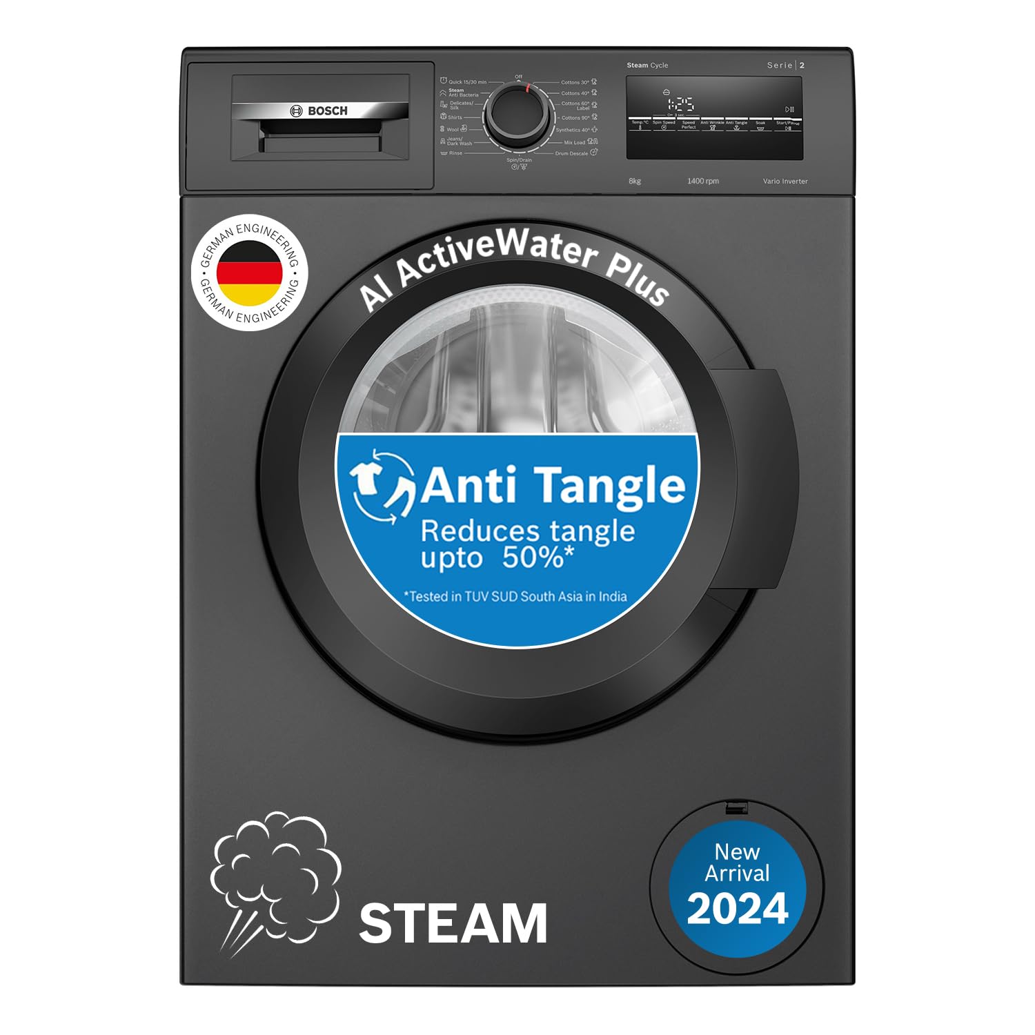 Bosch 8 kg 5 Star Fully-Automatic Front Loading Washing Machine (WAJ2826CIN, Black Grey, AI active water plus, In-Built Heater)