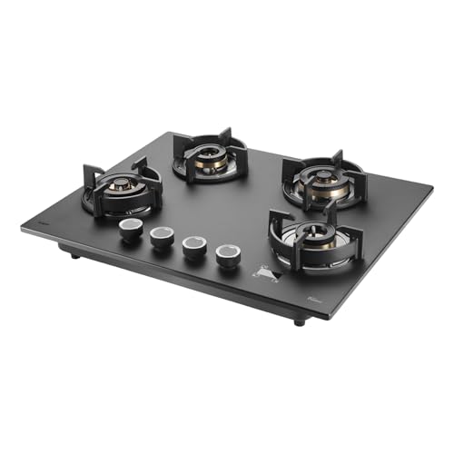 KAFF PRESTON PRS 654 Built-in Hob/Hobtop 4 Burners with Digital Timer, Auto Electric Ignition Glass Top, 65 CM, Full Brass Burners with Flame Failure Device, Metal Knobs (Black)