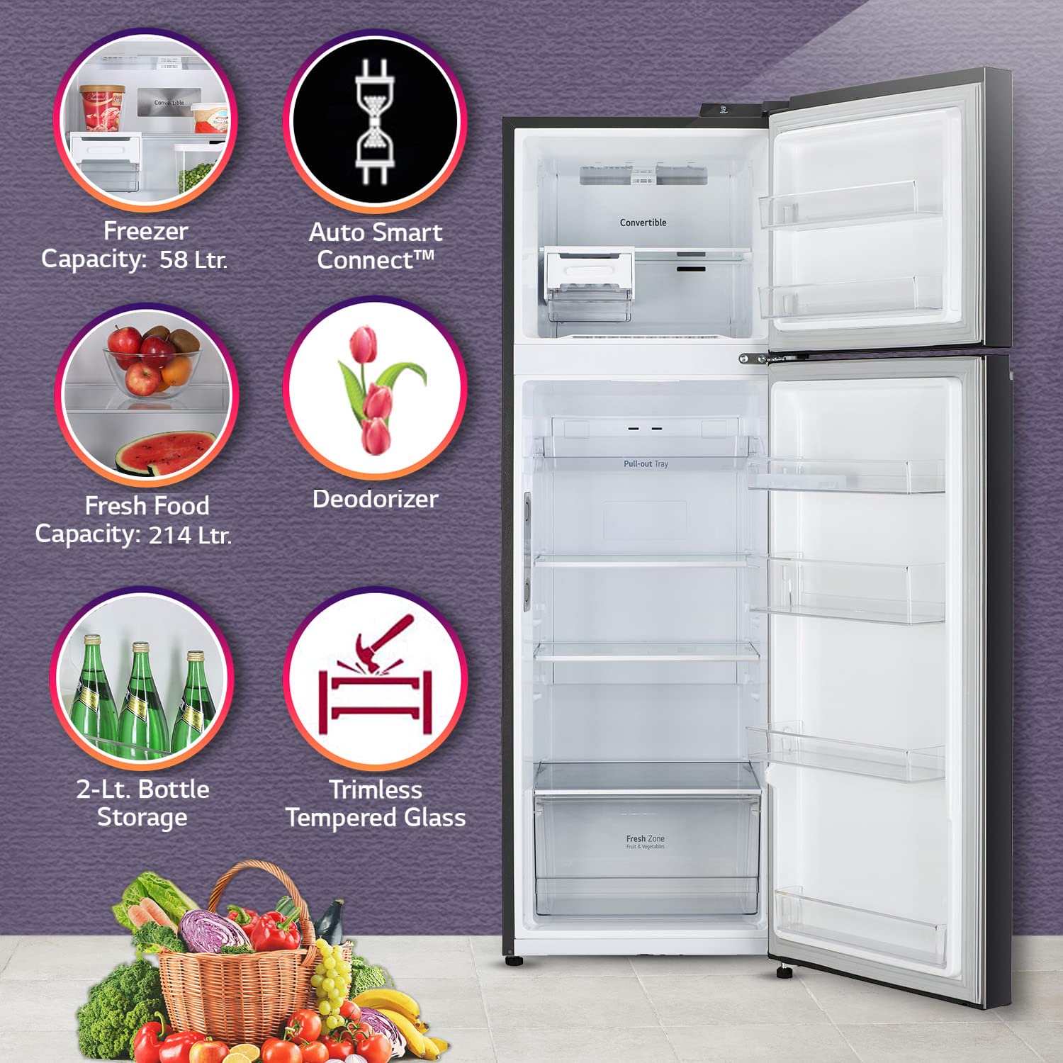 LG 272 L 3 Star Frost-Free Smart Inverter Wi-Fi Double Door Refrigerator (GL-T312TESX, Ebony Sheen, Convertible & Door Cooling+, Gross Volume – 289 Ltr.)