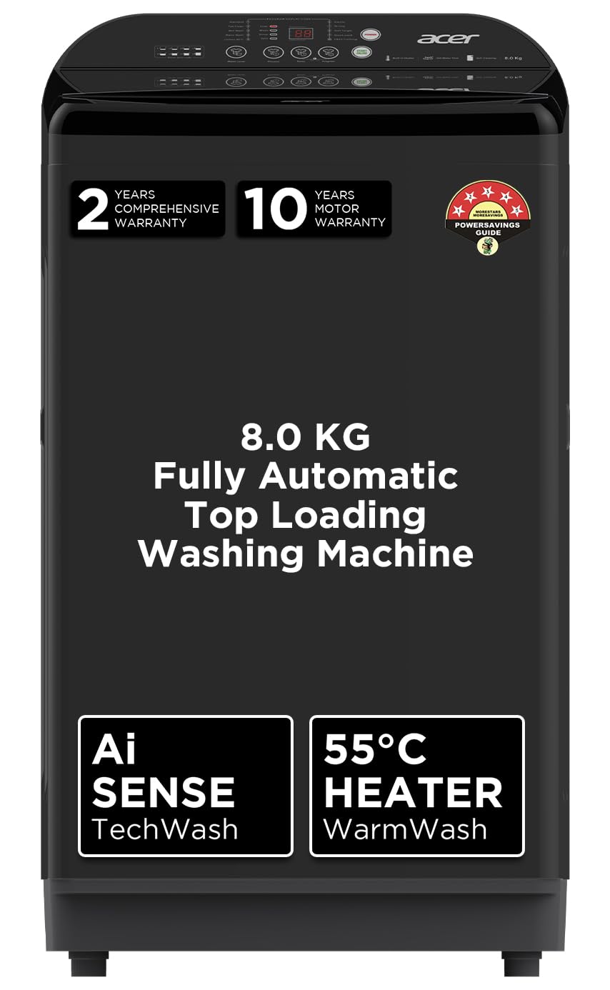 Acer 8.0 Kg Halo Wash Series Fully-Automatic Top Load Washing Machine (In-built Heater, AiSense, AutoBalance, HelixFlow Jet Tech, FrothPlus Tub Tech, AR80FATLP1GT, 2023 Model, Grey)