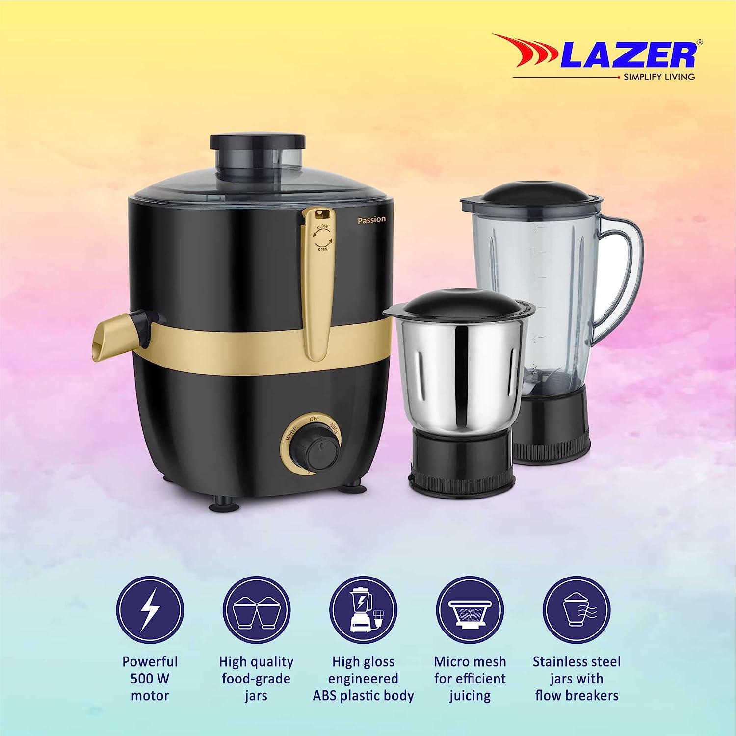 Lazer Passion 2 jars 500W Juicer Mixer Grinder (Black Gold)
