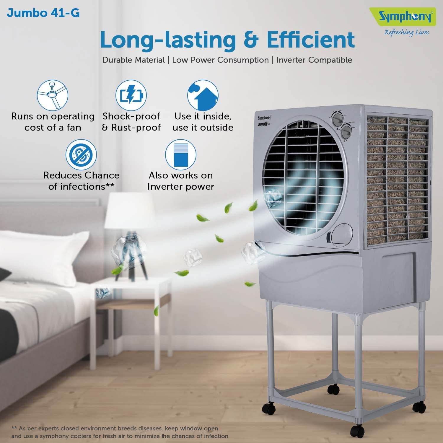 Symphony Jumbo 41 Desert Air Cooler For Home with Aspen Pads, Powerful Fan, Cool Flow Dispenser and Free Trolley (41L, Grey)