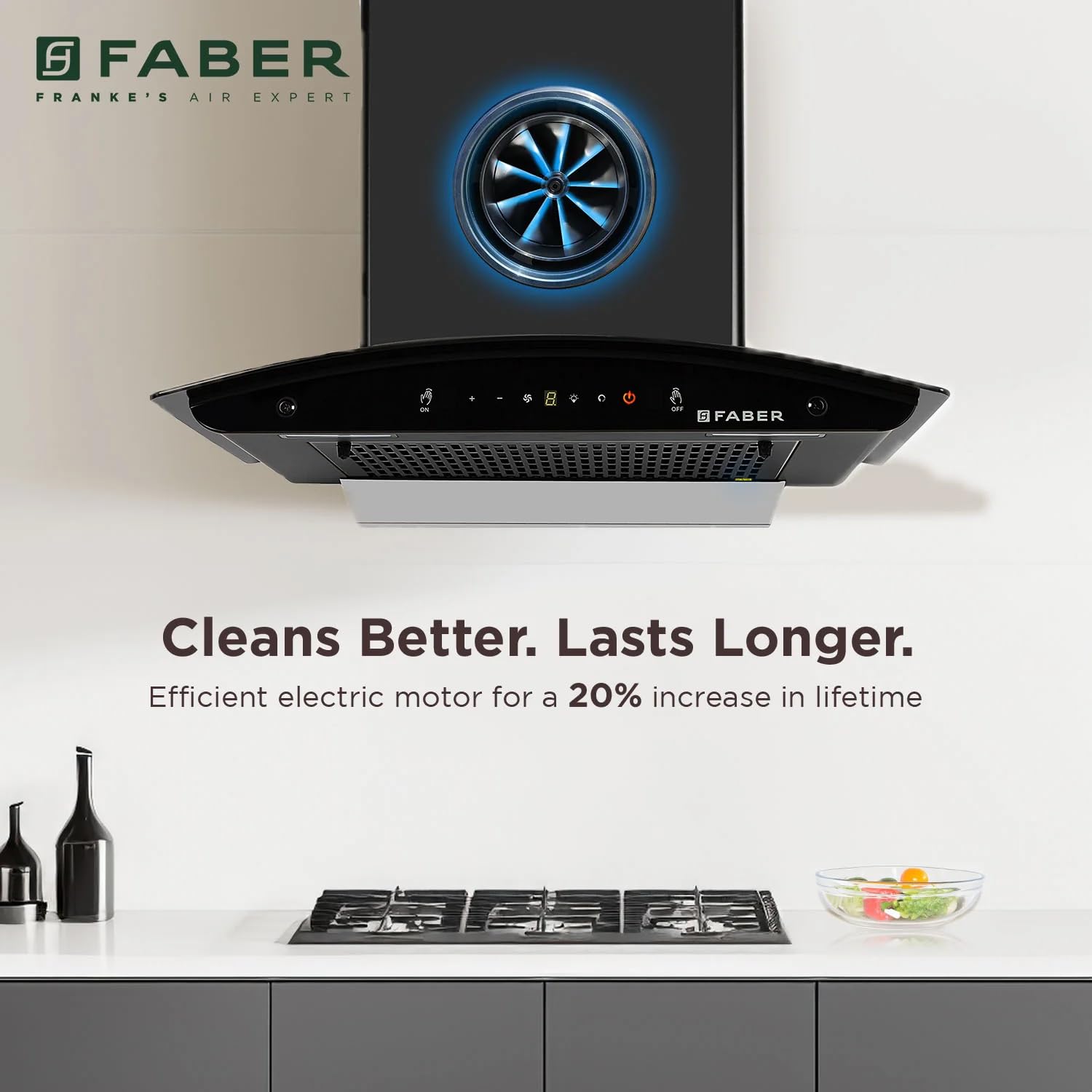 Faber 1500 m³/hr Autoclean Kitchen Chimney (HOOD MYSTIC BLDC FL HC BK 90 CM Filterless technology, Touch & Gesture with Remote control, Black)