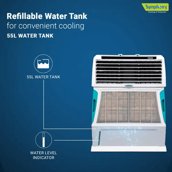 Symphony Touch 55 Personal Air Cooler with 4-Side Aspen Pads (55L, White)