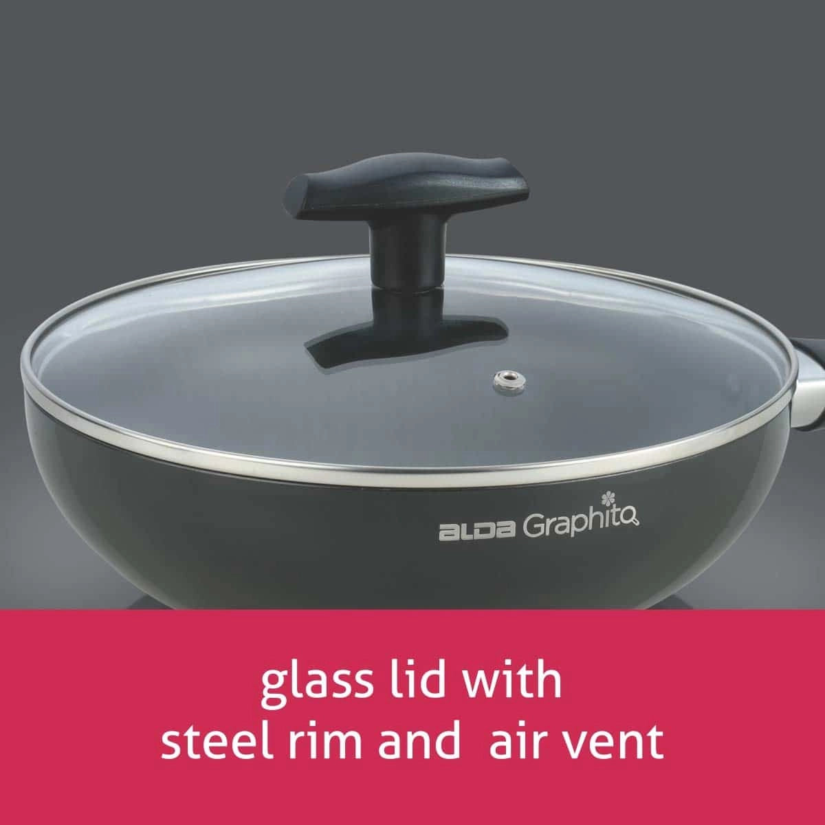 ALDA Graphito Non-Stick Wok Pan 22 cm with Glass Lid and Long Handle