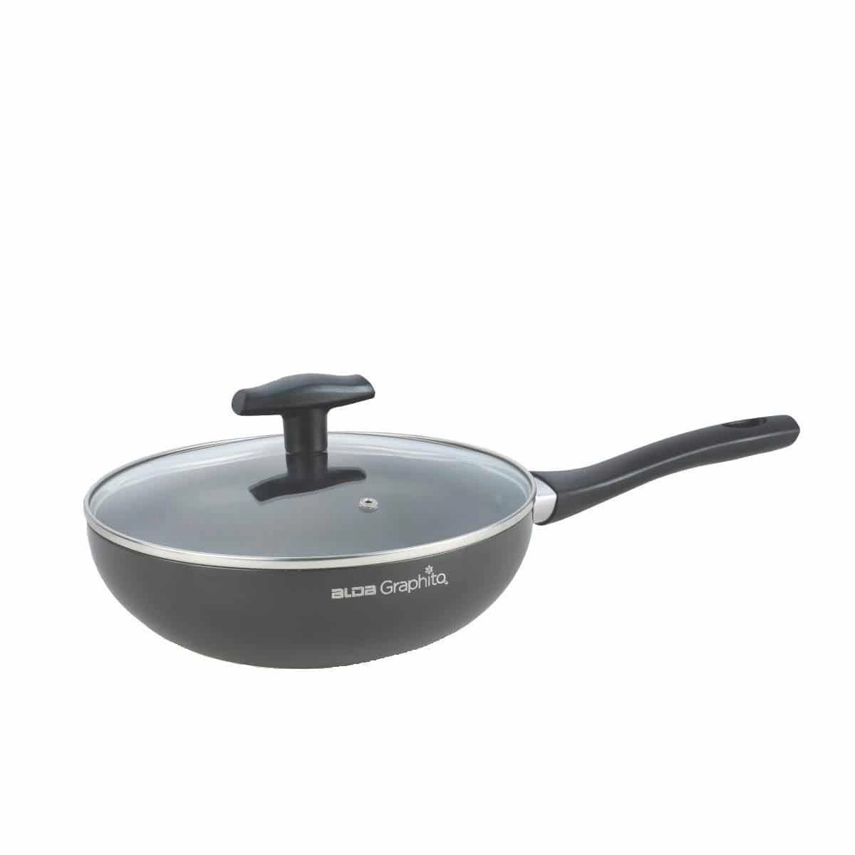ALDA Graphito Non-Stick Wok Pan 26 cm with Glass Lid and Long Handle