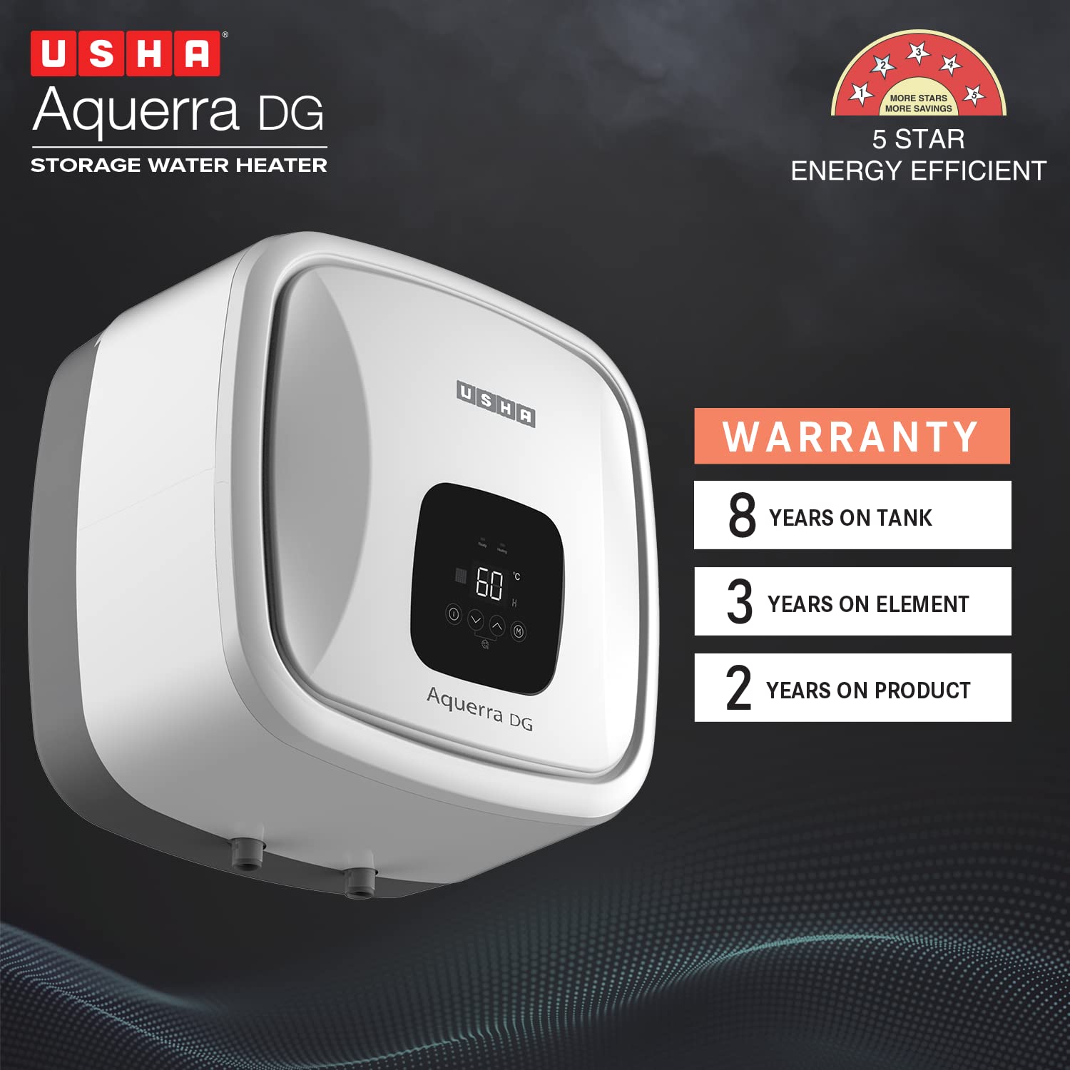 Usha Aquerra Dg 15 Litre 5 Star Digital Storage Water Heater With Remote (White), Wall Mounting