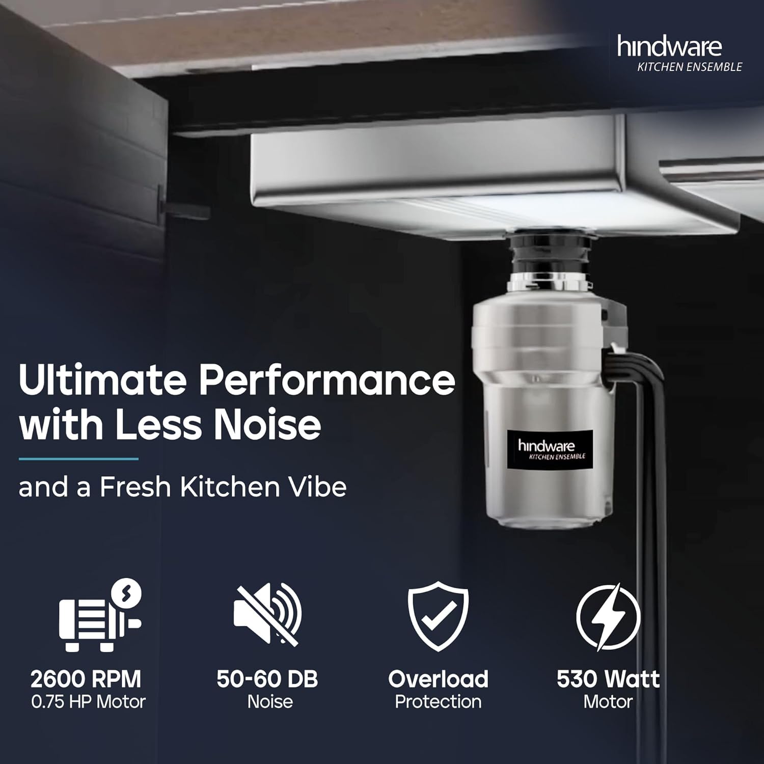Hindware FWD00003 Deluxe Food Waste Disposer/Crusher - 0.75HP | 2600 RPM Motor