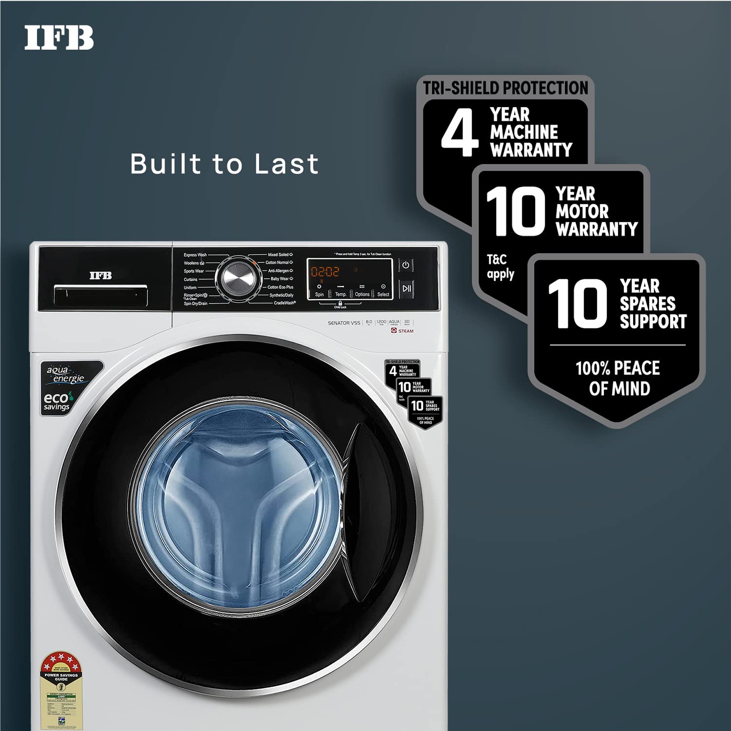 IFB 8 Kg 5 Star Front Load Washing Machine 2X Power Steam (Senator VSS 8012, White & Black, In-built Heater, 4 years Comprehensive Warranty)