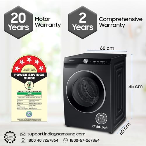 Samsung 11 kg, 5 Star, AI Ecobubble, Super Speed, Wi-Fi, Hygiene Steam with Inbuilt Heater, Digital Inverter, Fully-Automatic Front Load Washing Machine (WW11CG604DLBTL, BLACK CAVIAR, 2023 Mo