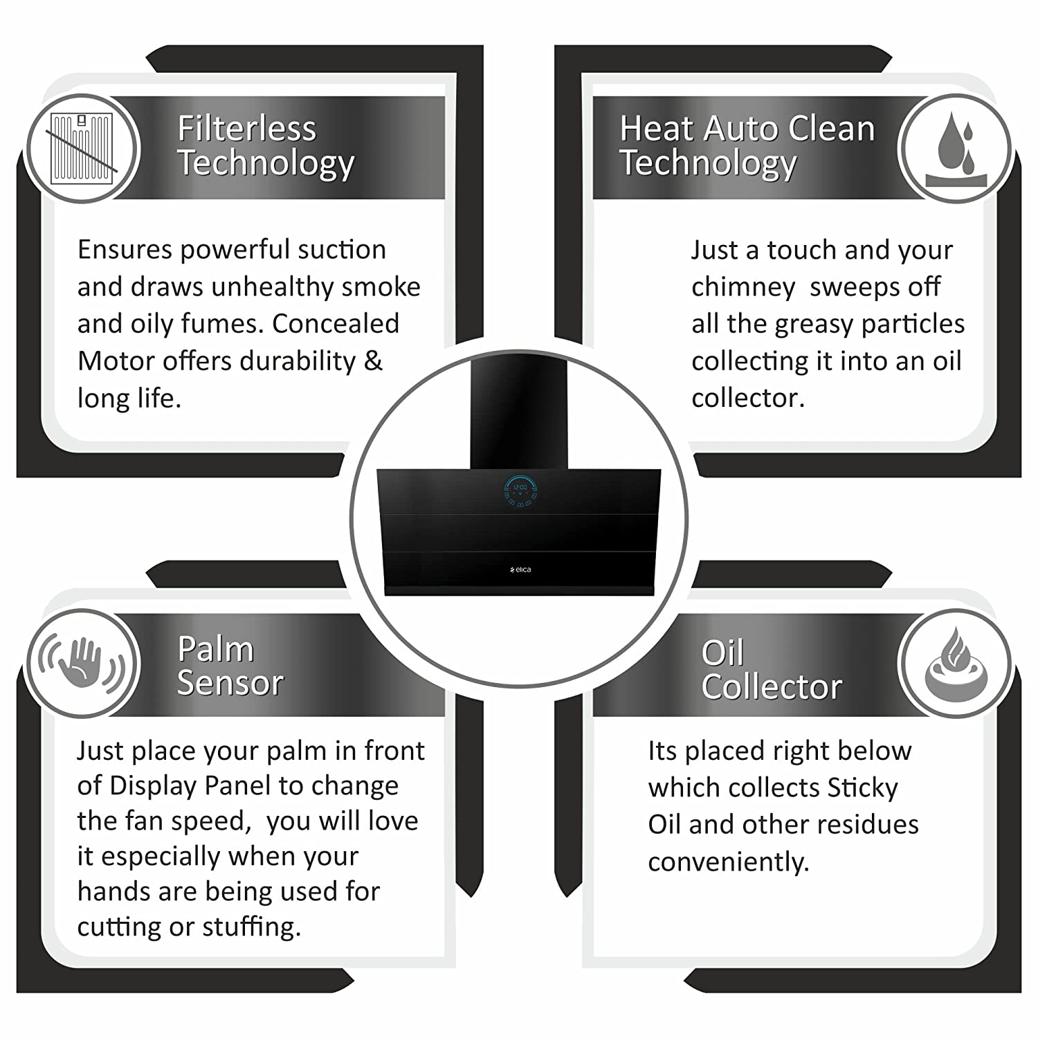 Elica 90 cm 1350 m3/hr Filterless Auto Clean Angular Chimney with 15 Years Warranty (EFL 108 HAC LTW VMS 90, Touch + Palm Sensor Control, Black)