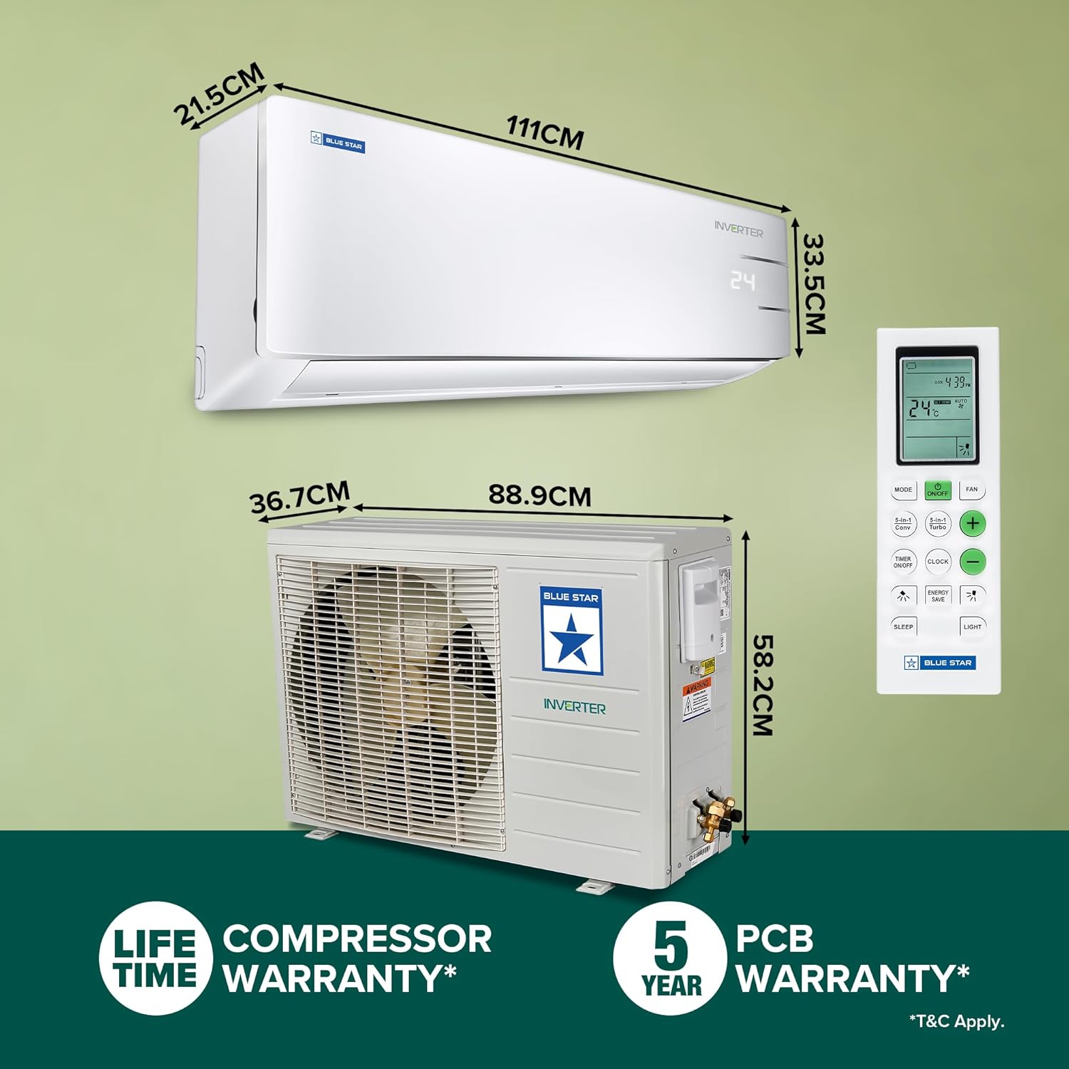 Blue Star 2T 3S Inverter Split AC (Copper, 5 Auto Defrost, Convertible)