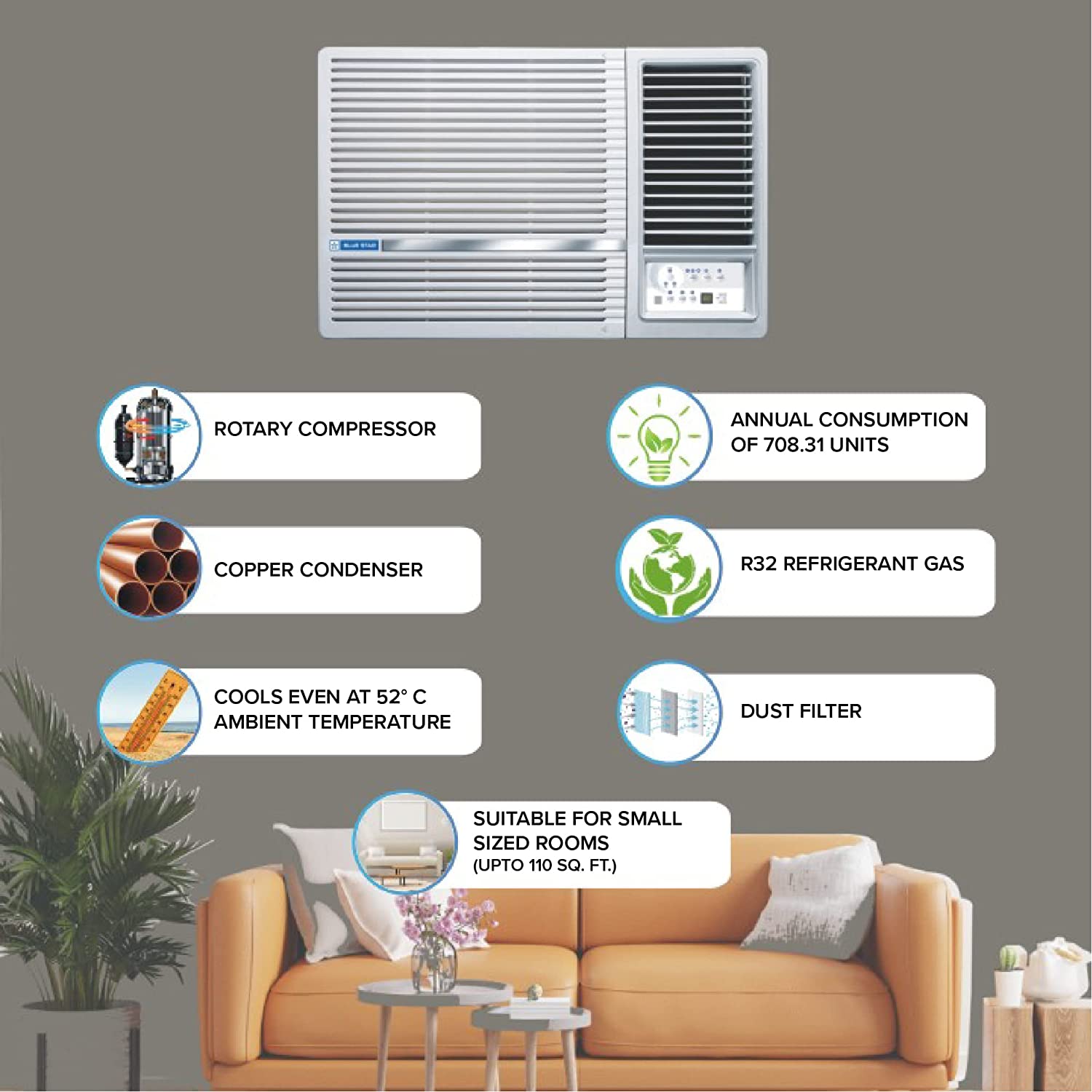 Blue Star 1 Ton 5 Star Fixed Speed Window AC (Copper, Turbo Cool, Humidity Control, Fan Modes-Auto/High/Medium/Low, Hydrophilic Blue Fins, Dust Filters, Self-Diagnosis, 2023 Model, WFA512LN, White)
