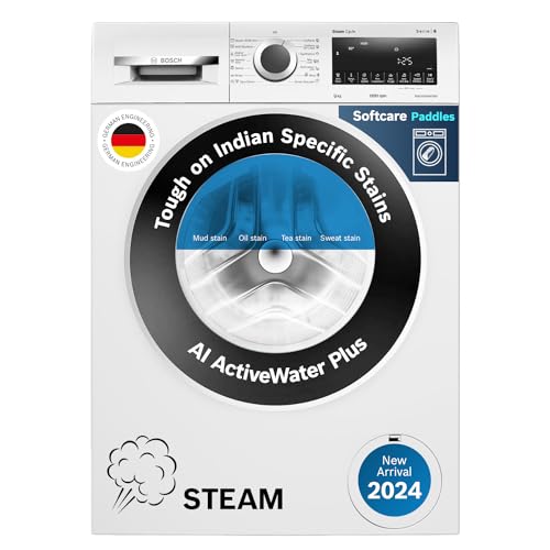 Bosch 9kg 5 Star Anti Stain & AI Active Water Plus Fully Automatic Front Load Washing Machine with Built in Heater (WGA14200IN, Pretreatment & Steam with Anti Bacteria and 5 Star Inverter, Wh