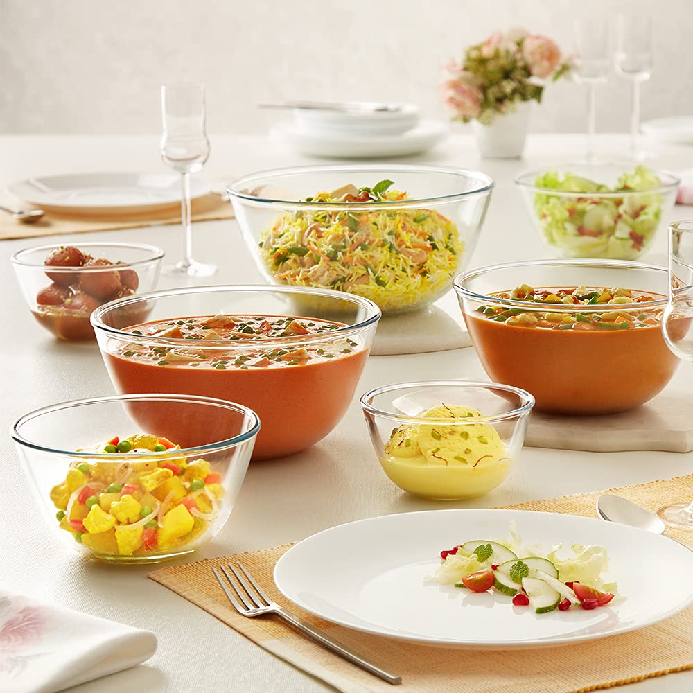 Borosil Glass Mixing & Serving Bowl Set, Set of 3, Oven & Microwave Proof, 350 ml +500 ml + 900ml, Clear (IYECSB03NL3559)