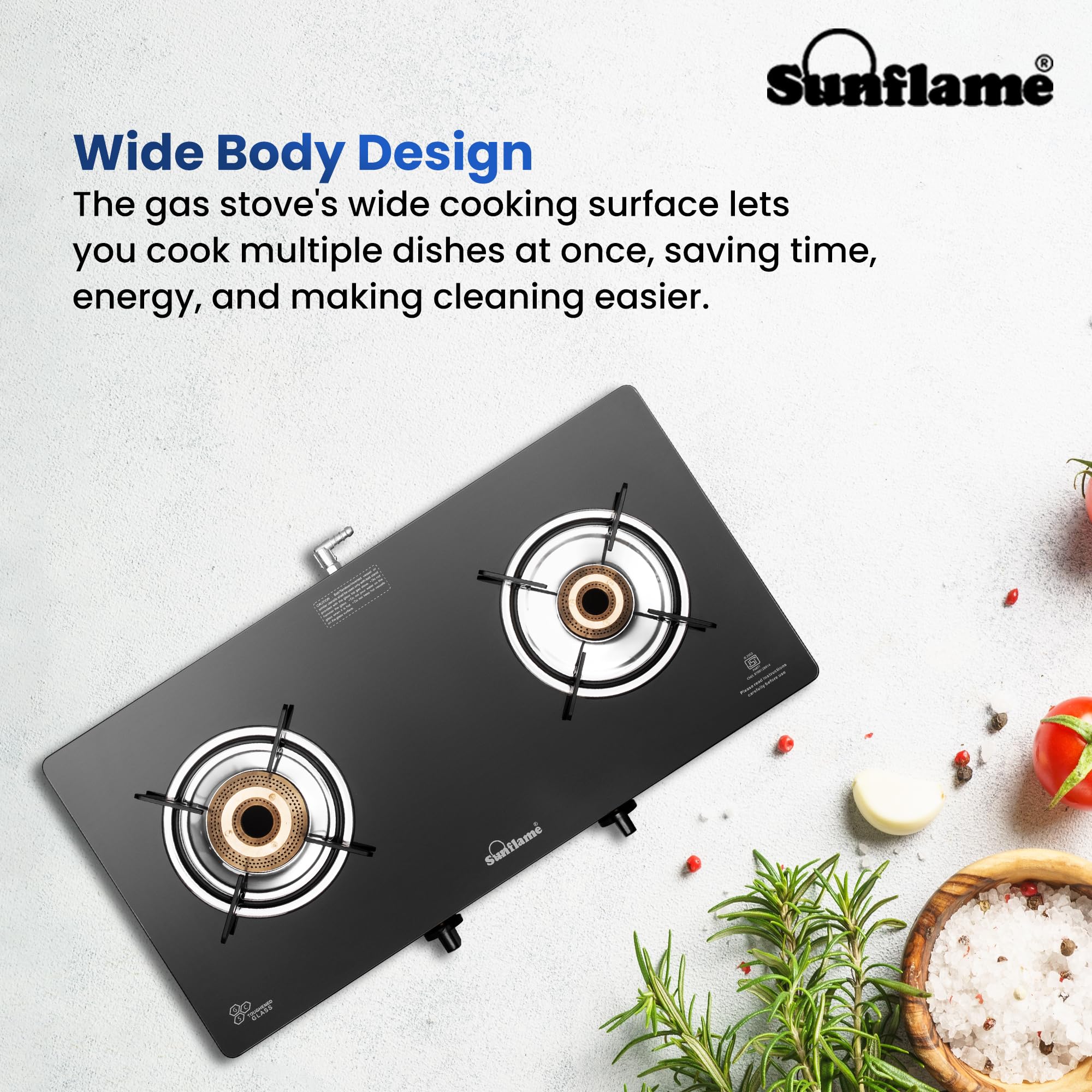 Sunflame Crystal Nova 2 Burner Gas Stove | Dual Drip Trays | 1 Jumbo and 1 Small Brass Burners | 2 Years Product Coverage by Sunflame | Manual Ignition | Toughened Glass Top