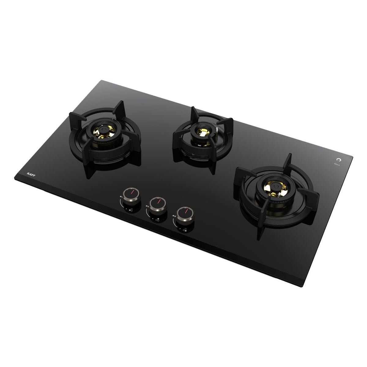 Kaff Ashford ASF 783 built-in gas hob seen from another angle on its black glass top