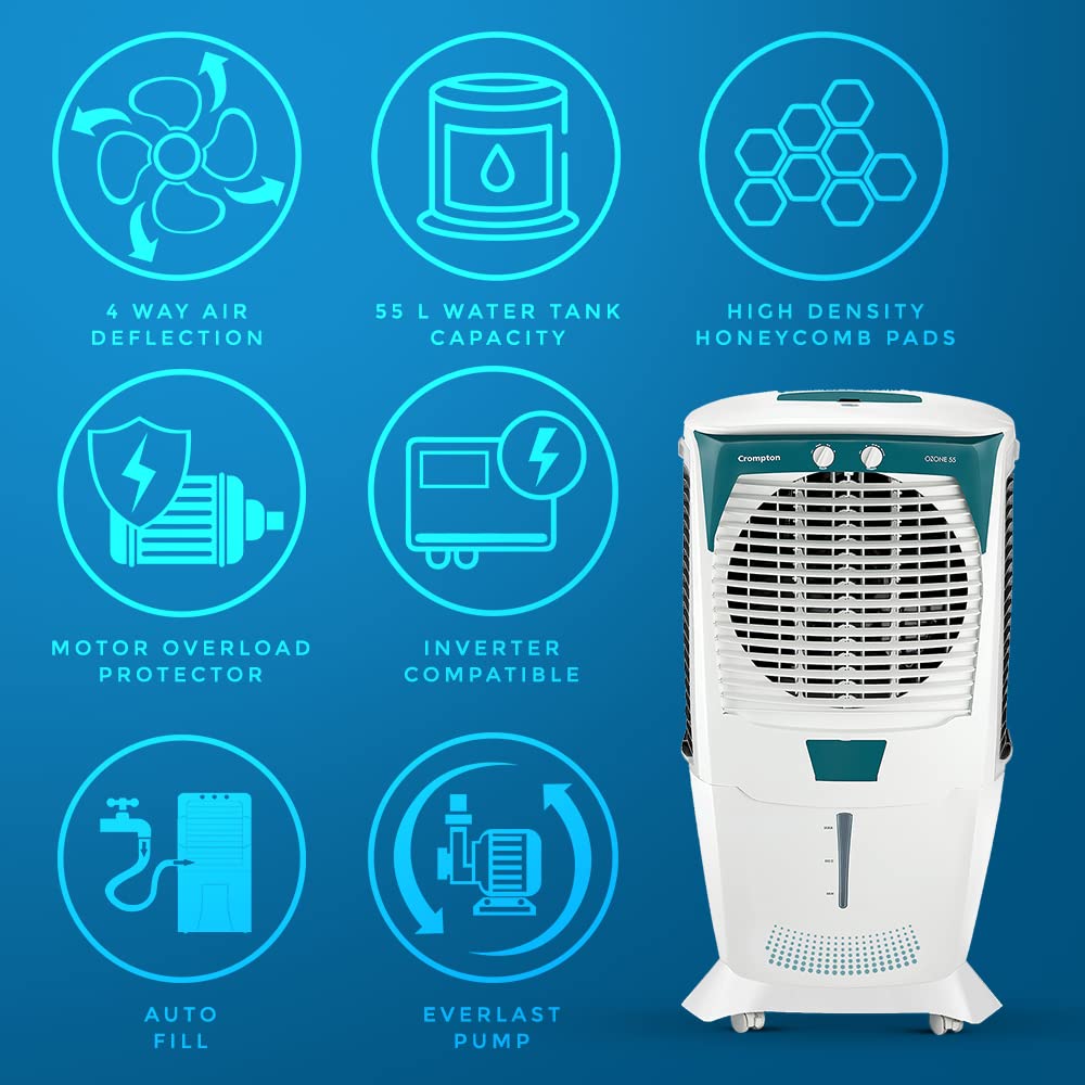 Crompton Ozone Desert Air Cooler 55L Honeycomb pads White