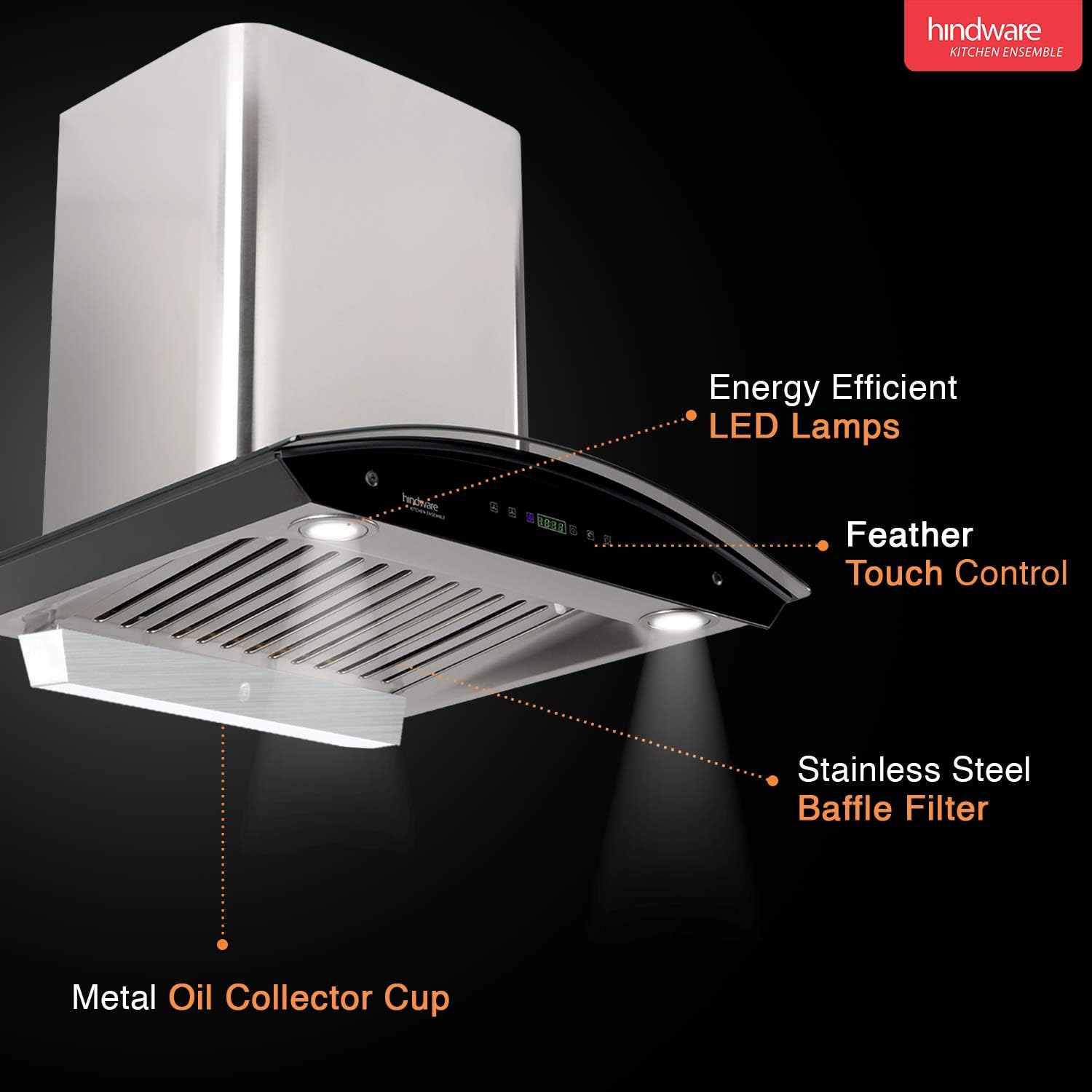 Hindware chimney Nevio 1200m3/h wall mounted auto clean with Baffle Filter - Silver, 90 cm