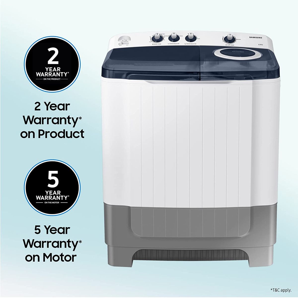 Samsung 8.0 Kg Semi-Automatic 5 Star Top Loading Washing Machine (WT80R4200LG/TL, Light Grey, Royal Blue Lid (Transparent), Hexa Storm Pulsator)