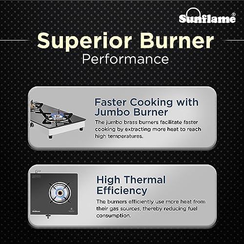Sunflame Crystal Nova 2 Burner Gas Stove | Dual Drip Trays | 1 Jumbo and 1 Small Brass Burners | 2 Year Product Coverage by Sunflame | Manual Ignition | Toughened Glass Top | PAN India Presen