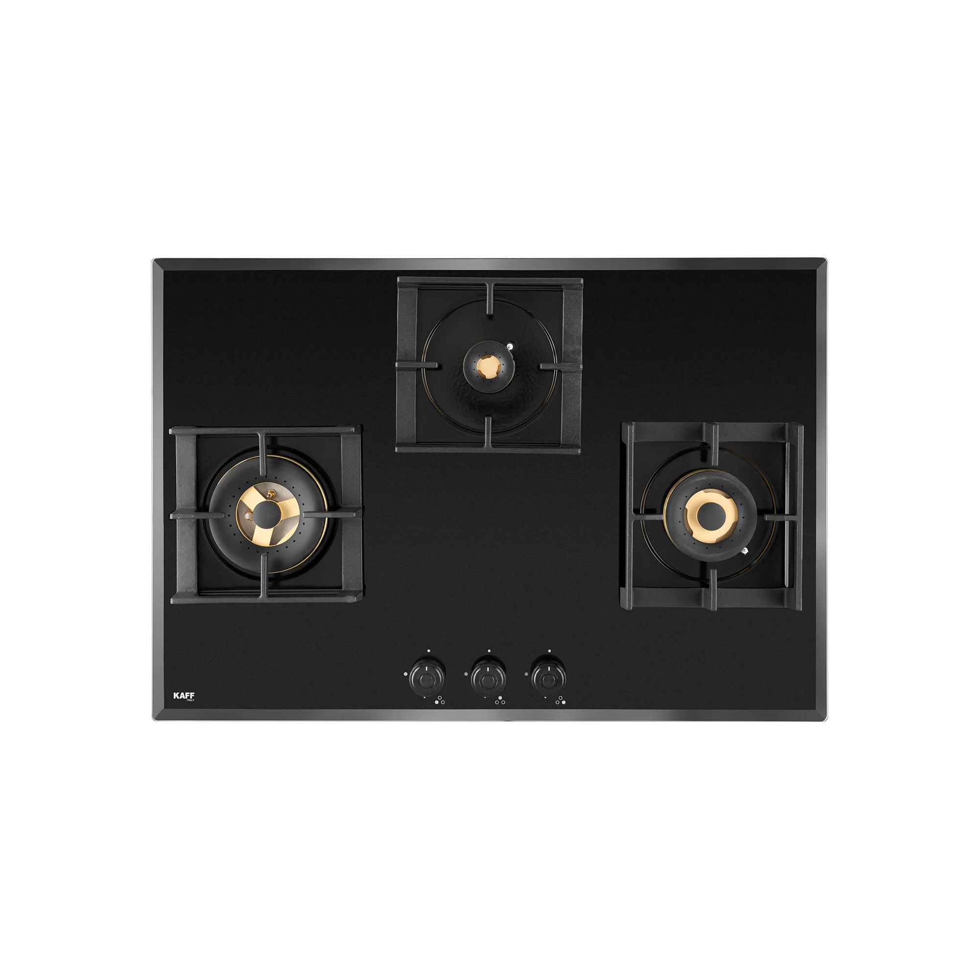 Kaff MFBX 763-3 Full Brass Burners Built-in Hob with Square Drip Tray (Black Shiny)