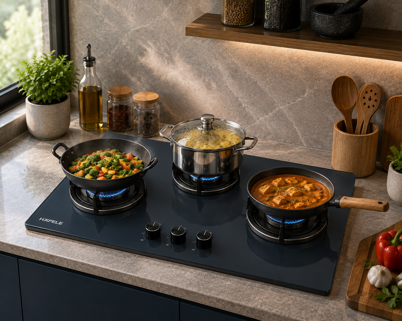 Hafele KALLISTO 378 78cm 3 Burner Built-in Gas Hob | Shadowstone Finish