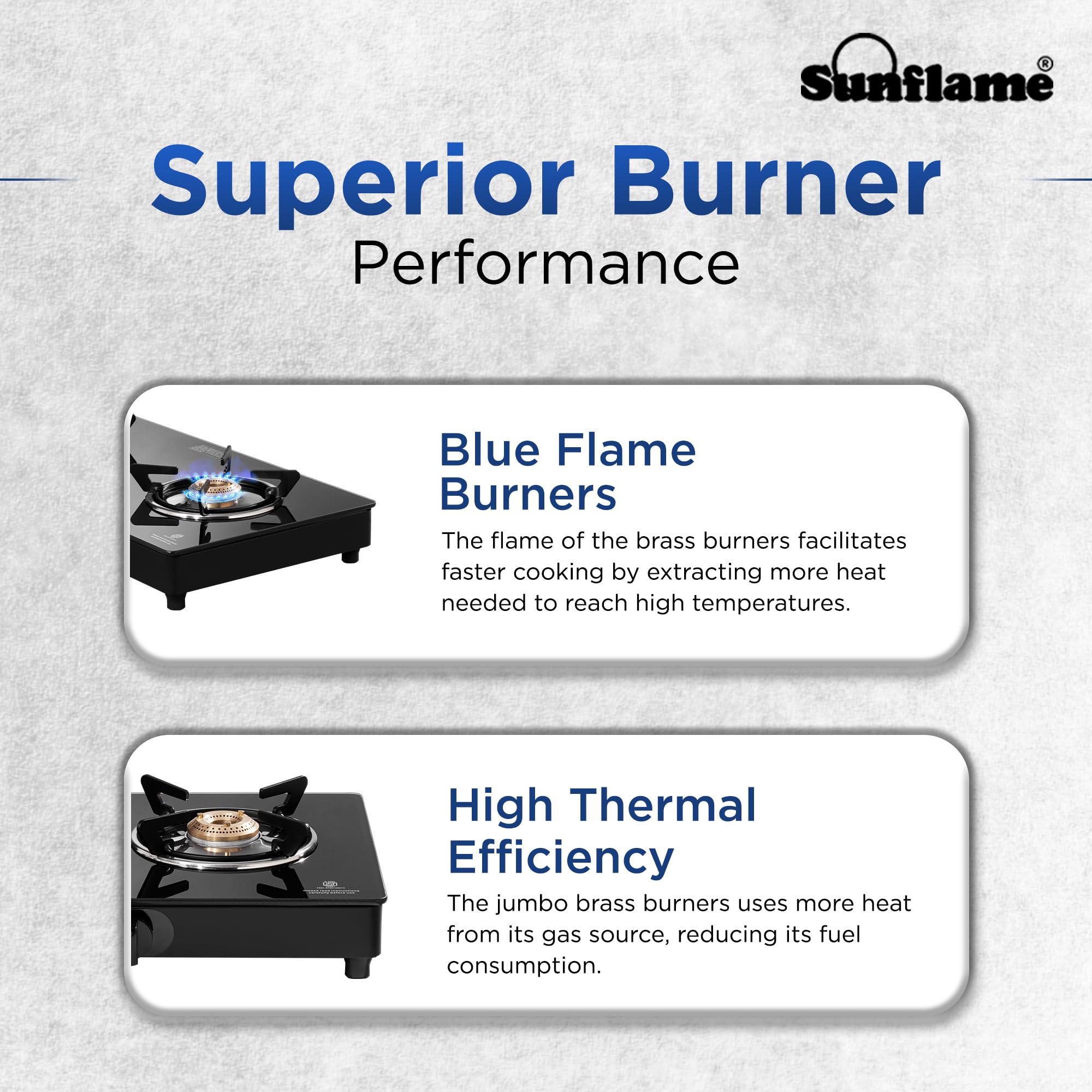Sunflame Crystal Nova 2 Burner Gas Stove | Dual Drip Trays | 1 Jumbo and 1 Small Brass Burners | 2 Years Product Coverage by Sunflame | Manual Ignition | Toughened Glass Top