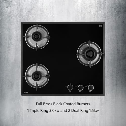 KAFF FBB 603 Built-in Hob/Hobtop 3 Burners, Auto Electric Ignition Glass Top, 60 CM, Full Brass Burner, 8 MM Thick Toughened Glass Bevelled Black Tempered Glass (Black)
