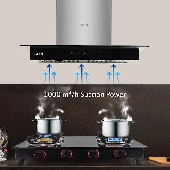 Glen 60 cm 1000 m3/hr Glass Wall Mount Kitchen Chimney Touch Controls Baffle Filters (6062 SX TS, Silver)